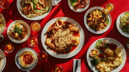 Overhead view of various delicious Asian dishes on a red table.