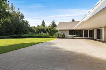 Spacious outdoor patio connected to a modern home with lush surrounding greenery