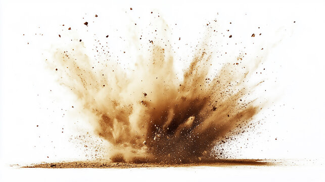 Dust sand cloud on a dusty road from a car. Scattering trail on track from fast movement Brown Powder Explosion isolated on white or transparent background

