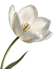 Obraz premium Elegant white tulip with delicate petals and long green stem, isolated on a white background. Perfect for spring, weddings, or floral decoration.
