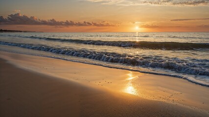 Obraz premium Scenic Beach with Golden Sunset and Calm Ocean Waves