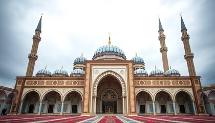 Fototapeta premium Magnificent Mosque Architecture Blue Domes Elegant Islamic Building Exterior Design Traditional Religious Place of Worship Prayer Sanctuary Spiritual Serenity Peaceful Atmosphere Cultural Heritage 