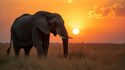 Obraz premium Majestic African Elephant Silhouette at Sunset in Serengeti Grasslands Stunning Wildlife Photography Golden Hour Nature Image