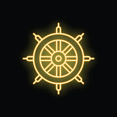 Obraz premium Neon sign in the shape of a ship's steering wheel is glowing brightly against a dark background, creating a striking visual