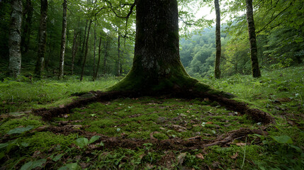 Obraz premium Forest tree base, lush green moss, tranquil scene, nature background, ideal for eco-themes