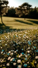 Sunny Spring Meadow  Blooming Flowers  Green Grass  Trees