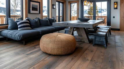 Fototapeta premium Modern mountain home interior cozy living space with rustic wood floors and snowy view