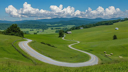 Winding country road through green hills, scenic view, farmhouses, summer sky