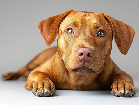 A close-up of a brown dog with expressive eyes lying down.
