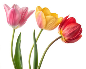 Beautiful close-up of vibrant pink, yellow, and red tulips isolated on a white background. Perfect for spring, floral design, or nature-themed projects.