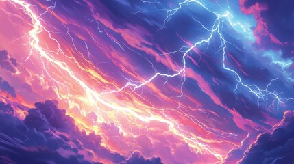 Obraz premium An abstract, electrifying lightning bolt flashing through a colorful anime world, with swirling energy and glowing hues creating a sense of movement and power, bringing the scene to life in a stunning