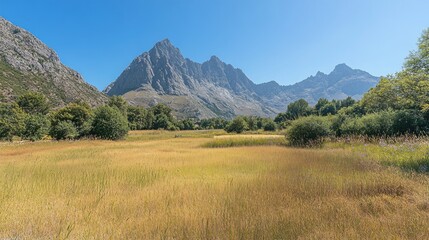 Fototapeta premium Sunny meadow with high mountain range in background.
