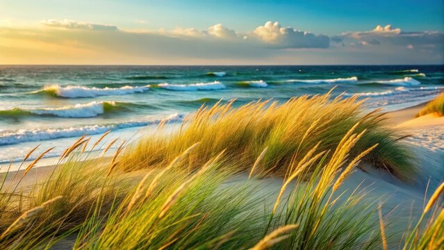 Softly blowing beach grass waves in the ocean breeze, beach grass, coastal scenery