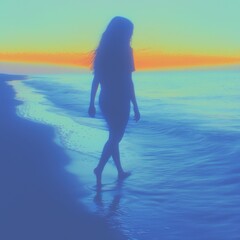 Young woman walking on the beach at sunset serene waves and vibrant sky lifestyle