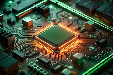 Fototapeta premium Futuristic Microchip Motherboard: Intricate Green-Lit Circuitry and Advanced Technology Glow.