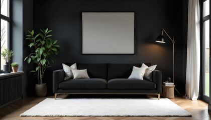 Black sofa, black sofa, Scandi design, white carpet, large window, blank frame