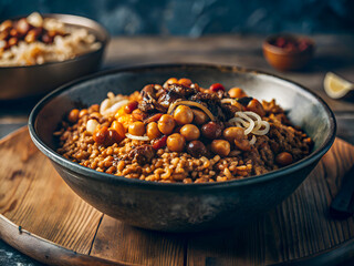 Fototapeta premium Tasty Egyptian food Kushari in a bowl with rice, lentils, spicy tomato sauce, chickpeas, and crispy fried onions. Delicious Food background