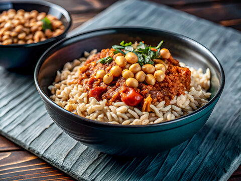 Tasty Egyptian food Kushari in a bowl with rice, lentils, spicy tomato sauce, chickpeas, and crispy fried onions. Delicious Food background