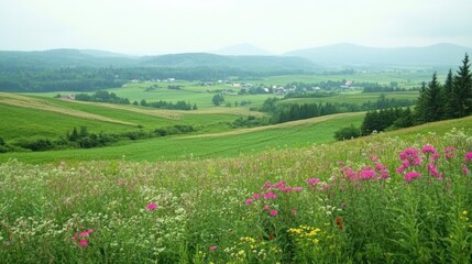 Fototapeta premium Serene rolling hills landscape with wildflowers and distant village.