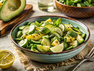 Tasty fresh cucumber and avocado salad with lemon dressing, garnished with herbs and basil leaf. Delicious food background