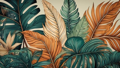 Enchanting Vintage Botanical Illustration of Exotic Tropical Leaves, Embracing a Boho Style Wallpaper Design, Showcasing Rich Greens and Earthy Hues for Digital Art, Home Decor, or Design