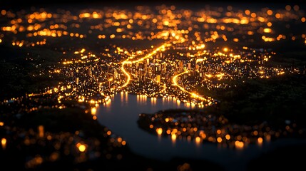 Fototapeta premium Aerial Night View of City Lights Illuminating River and
