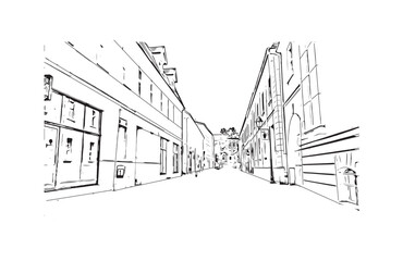 Print Building view with landmark of Bydgoszcz Poland. Hand drawn sketch illustration in vector.