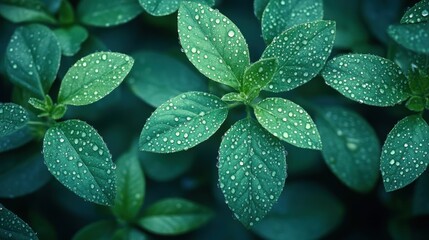 Fototapeta premium Emerald Dewdrops: A Symphony of Green Leaves