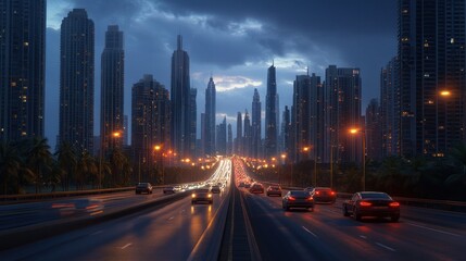 Fototapeta premium Night highway through futuristic city with skyscrapers and palm trees under a stormy sky.