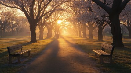 Sunrise illuminates a path lined with blossoming trees, casting long shadows on a tranquil park scene with two benches.