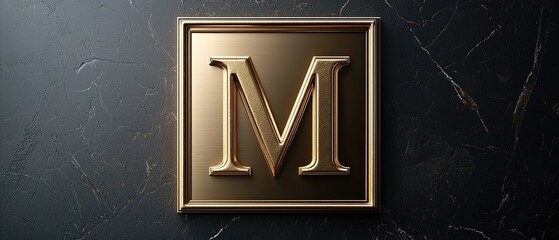 A golden letter "M" emblem set against a dark marble background, suggesting elegance and branding.