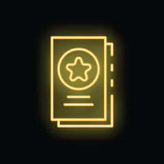 Glowing yellow neon icon of documents with star sign on black background, representing the concept of vip access