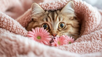Fluffy Cat Snuggles Pink Blanket Flowers