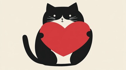 Fototapeta premium Cute cat with red heart for Valentine’s Day greeting card design