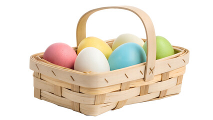 A small, natural woven basket filled with colorful pastel Easter eggs in shades of green, pink, yellow, blue, and white, isolated on white background. Perfect for Easter celebrations and spring decor