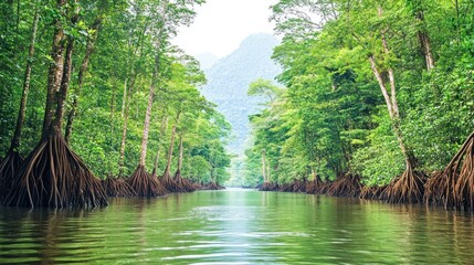 Obraz premium Lush green mangrove trees line a calm river, leading to distant mountains.