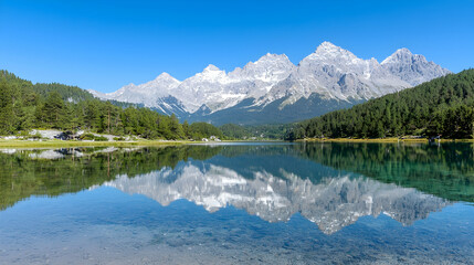 Fototapeta premium Mountain lake reflection, summer Alps scenery, calm water, postcard view
