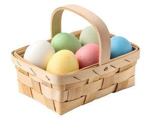 Naklejka premium A small, natural woven basket filled with colorful pastel Easter eggs in shades of green, pink, yellow, blue, and white, isolated on white background. Perfect for Easter celebrations 