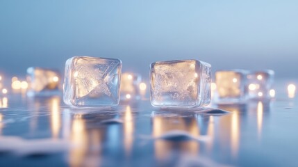 Two clear ice cubes on a reflective surface with blurred lights.