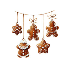 Charming gingerbread cookies hung with ribbons, featuring festive shapes. Perfect for holiday decorations and baking inspiration.