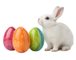 A cute grey rabbit sitting next to a pile of pastel-colored Easter eggs, , isolated on white background, perfect for spring and Easter celebrations.