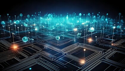 A network of glowing, translucent icons forms a futuristic, interconnected system on a dark, digital circuit board (1)
