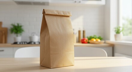 A neatly folded brown paper bag sits on a wooden kitchen table, with a bright, modern kitchen in the background featuring fresh produce, plants, and natural light.