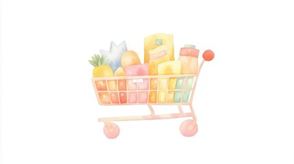 A colorful shopping cart filled with fresh groceries and snacks.