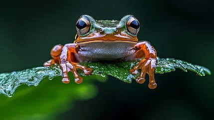 Naklejka premium Vibrant Green-Orange Frog on Leaf, Rainforest, Close-Up