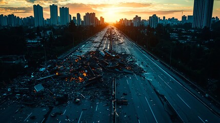 Aerial View of City Highway Destruction at Sunset