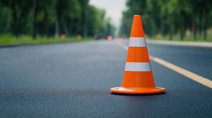 Bright Orange Traffic Cone on Freshly Paved Road with Green Trees in the Background