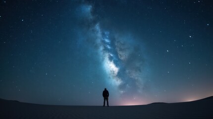 Fototapeta premium Stargazing Serenity: A Silhouette Against the Majestic Milky Way in a Desert Landscape