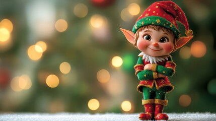 A realistic, adorable elf with festive, multicolored clothing and tiny shoes, standing proudly, isolated on white