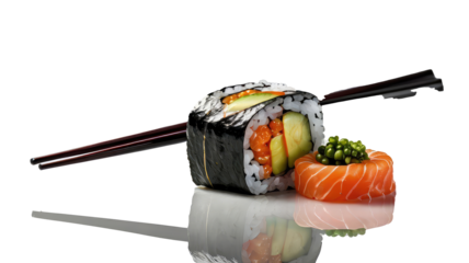 black chopsticks holding sushi isolated on transparent white background